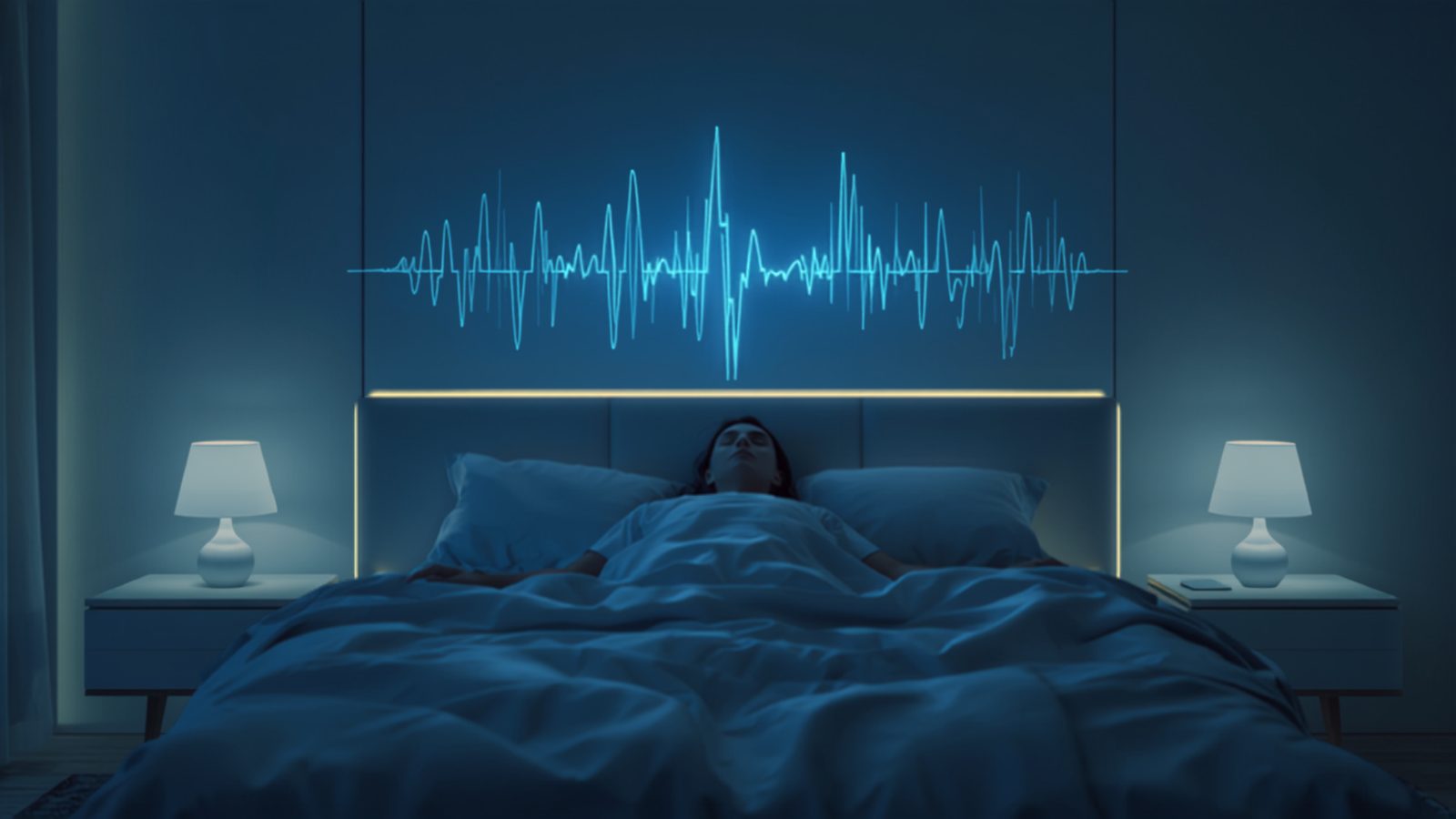 A person sleeping in bed at night with a glowing blue heartbeat and brainwave data visualization above the headboard