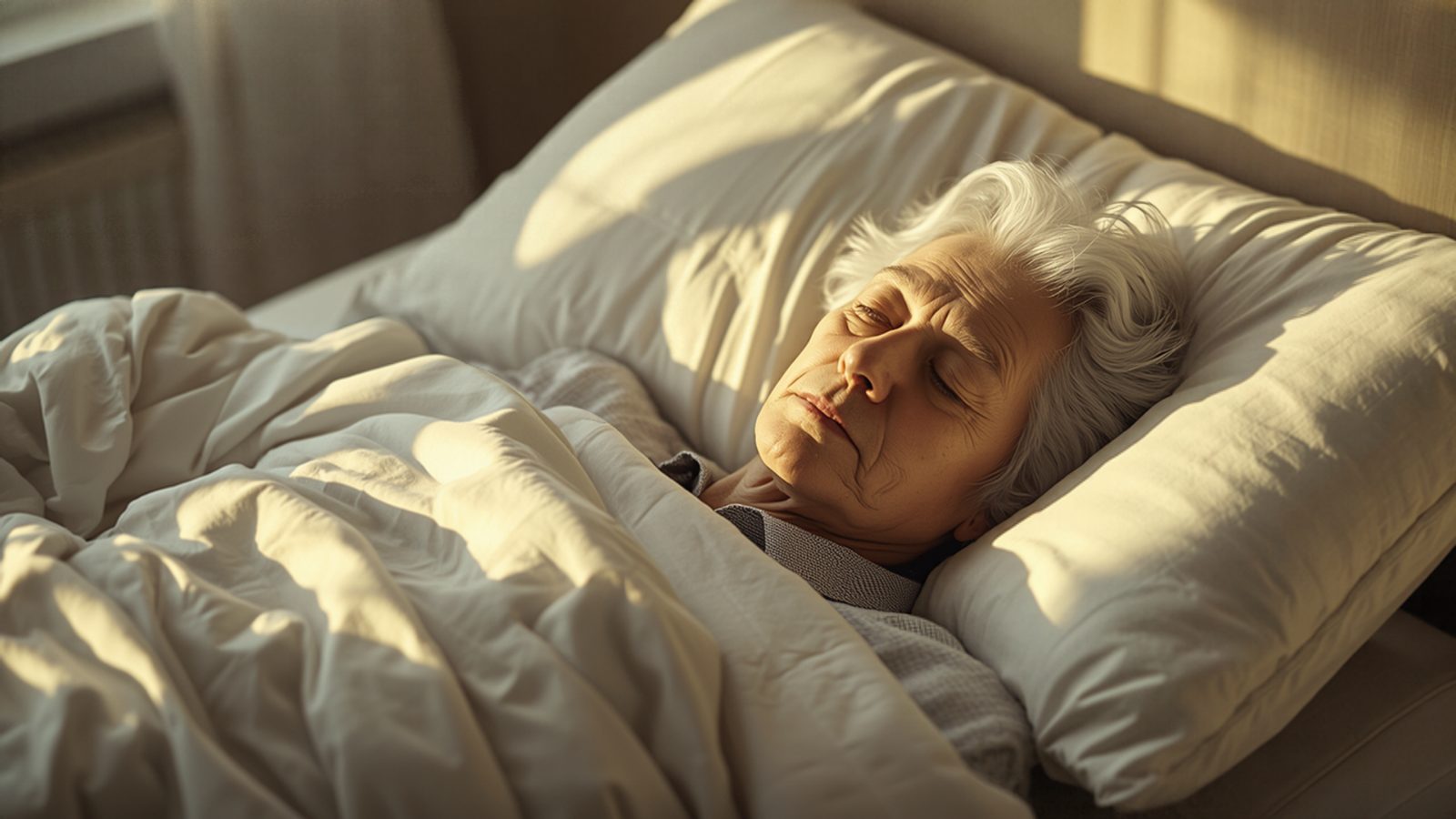 An older woman with silver hair sleeping peacefully under a white duvet as warm morning sunlight falls across the bed