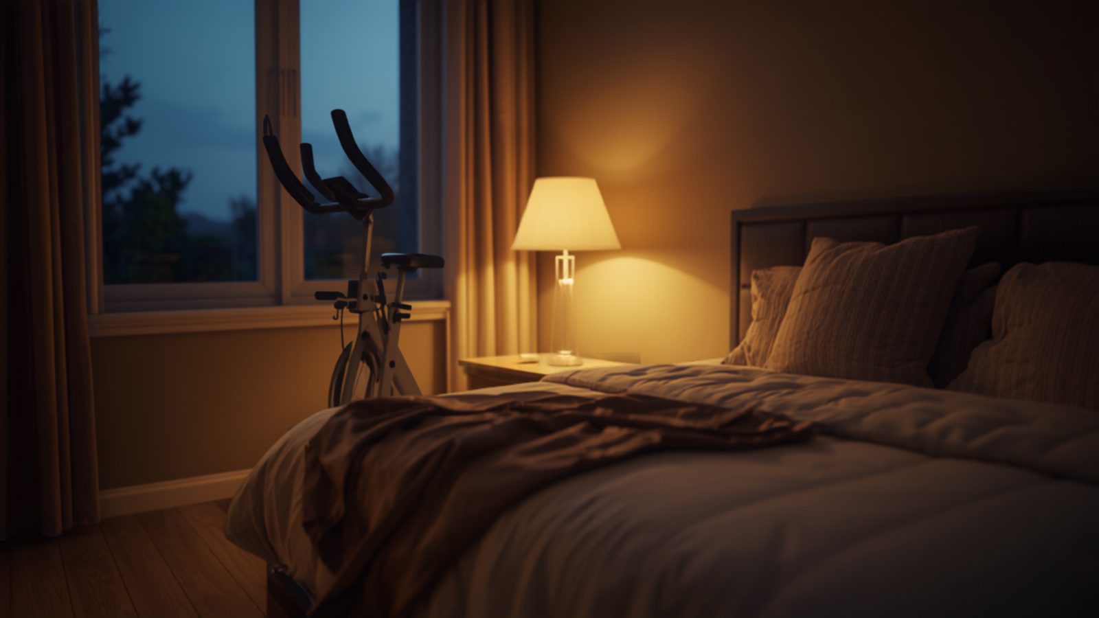 A stationary exercise bike beside a made bed in a warm, lamp-lit bedroom at dusk