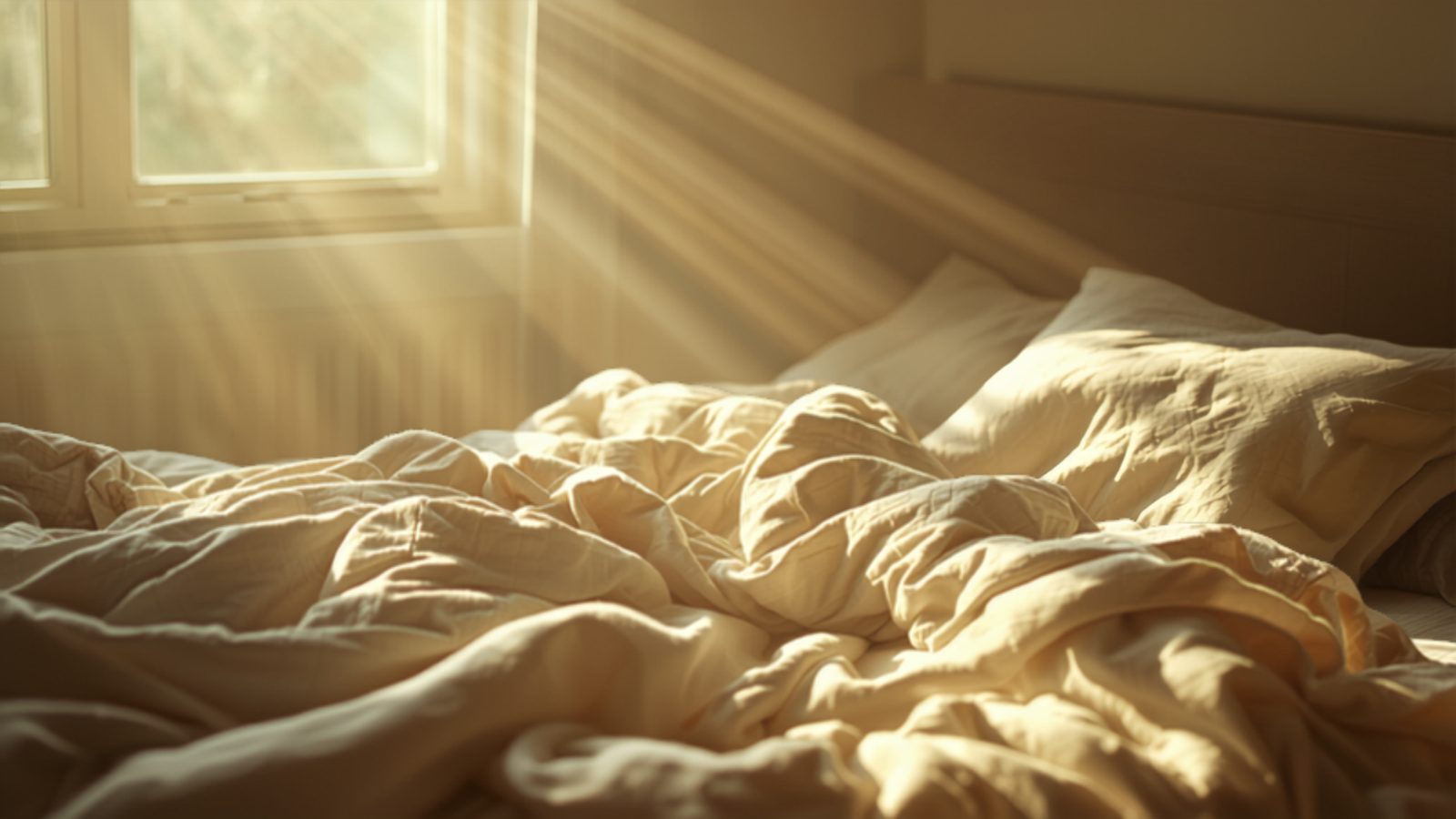 Warm morning sunlight streaming through a bedroom window onto a bed