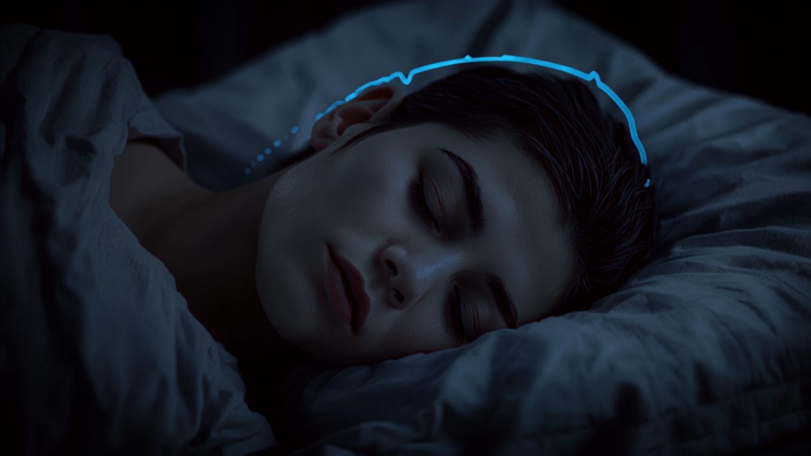 A sleeping person's head on a pillow at night with a faint blue wave pattern radiating outward suggesting brain fluid flow