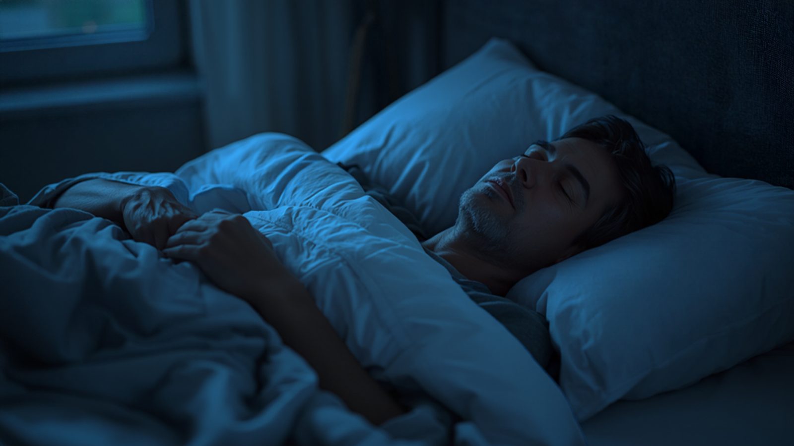 A man sleeping deeply on his back under a white duvet in a dark bedroom lit by soft blue moonlight