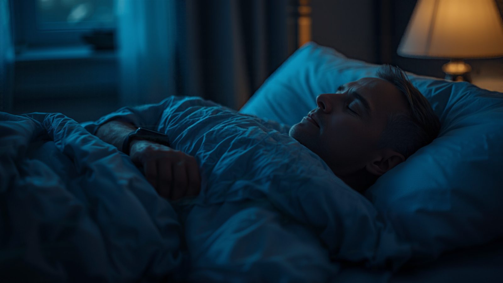A middle-aged man sleeps on his back in a dark bedroom with a smartwatch on his wrist, lit by blue moonlight and a warm bedside lamp