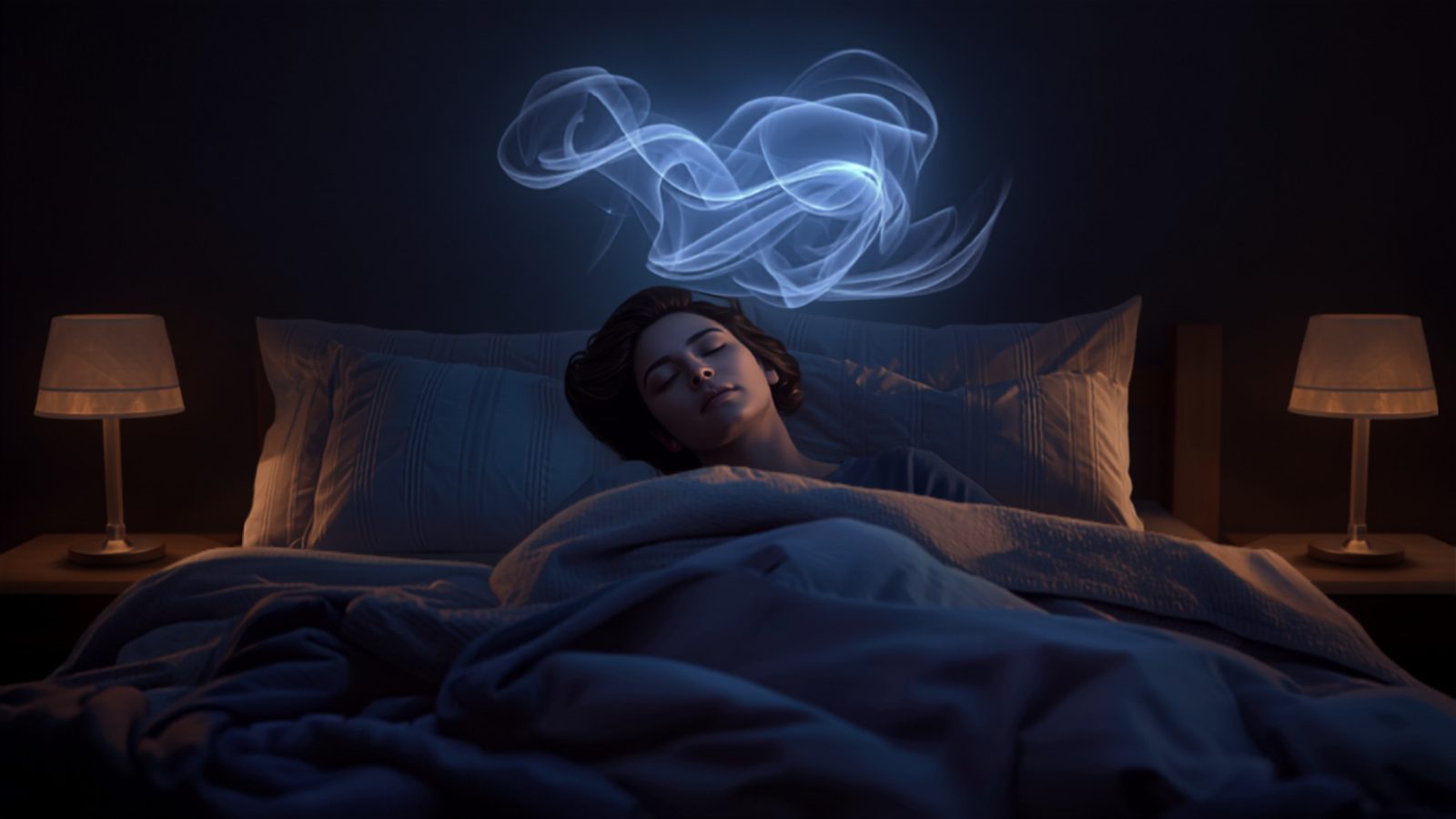 A person sleeping peacefully in bed at night with a soft glowing blue swirl above the pillow suggesting calm dreams