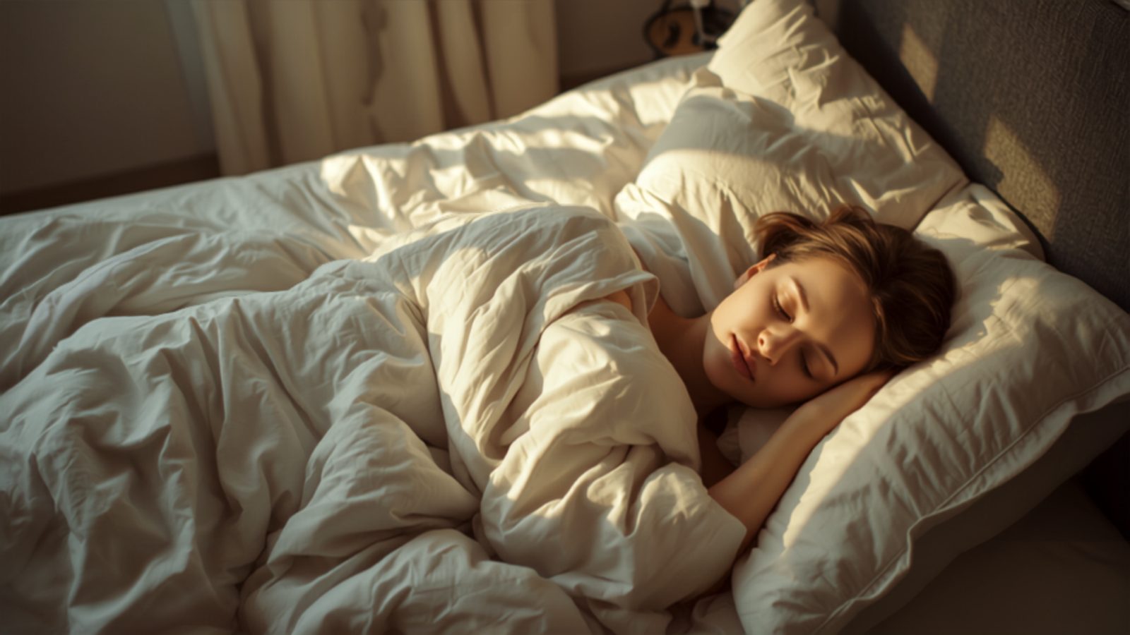 A person sleeping in late under a white duvet on a weekend morning with warm sunlight coming through the window